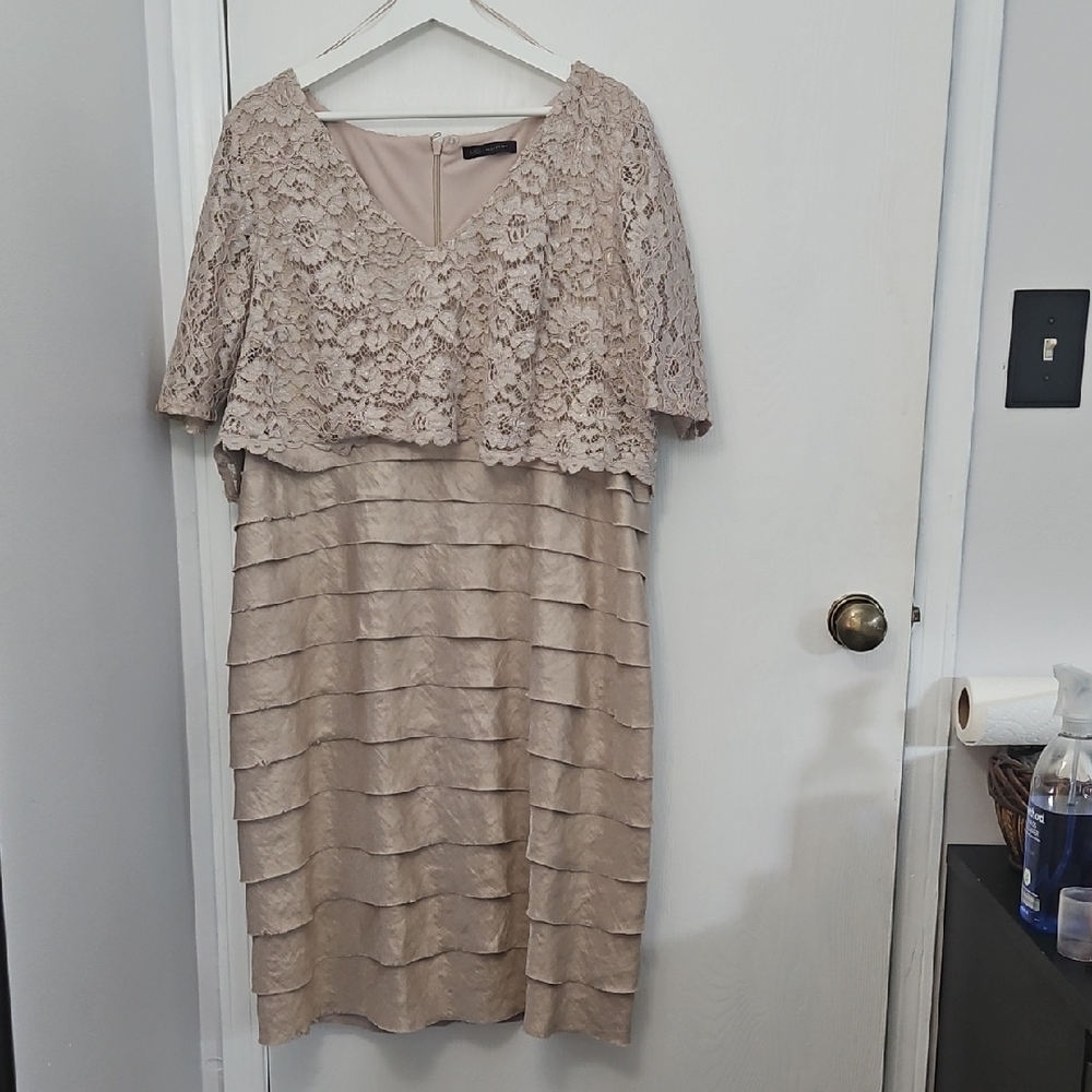 Elegant Lace Overlay Beige Dress